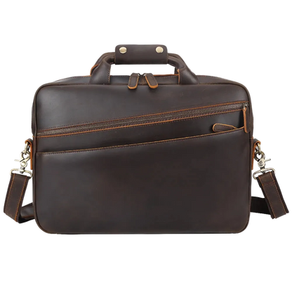 Men’s Leather Computer Briefcase — front view in dark brown with diagonal zip pocket