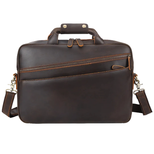 Men’s Leather Computer Briefcase — front view in dark brown with diagonal zip pocket