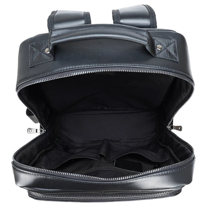 Black Genuine Leather Laptop Backpack — open main compartment, empty