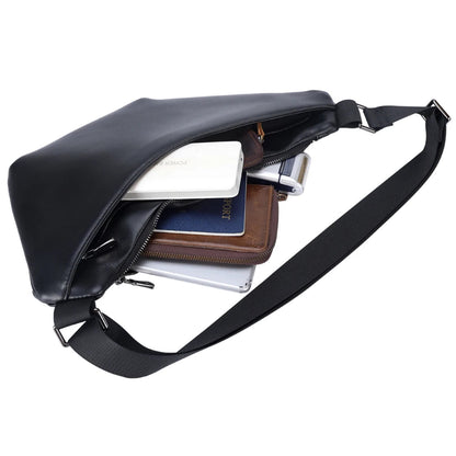 Men's Premium Matte Leather Sling Bag — open main compartment with passport, wallet and accessories