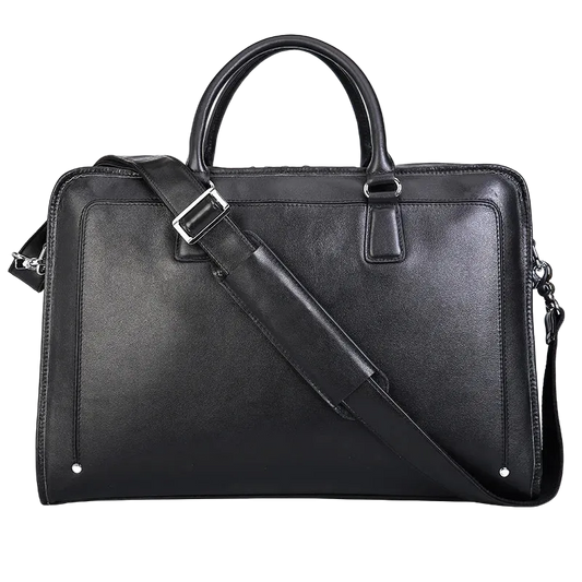 Men's Smooth Black Leather Laptop Briefcase — front view in black with shoulder strap