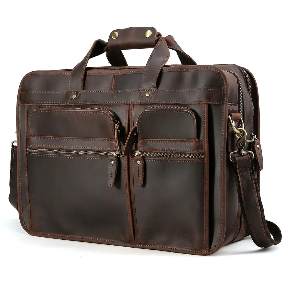Men's Crazy Horse Leather Briefcase for 17.3-Inch Laptop — three-quarter view with shoulder strap