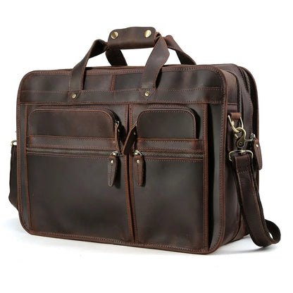 Men's Crazy Horse Leather Briefcase for 17.3-Inch Laptop — three-quarter view with shoulder strap