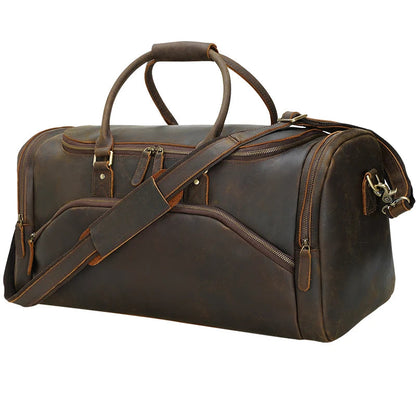Men's Leather Travel Duffle Bag — Crazy Horse - angled studio shot strap