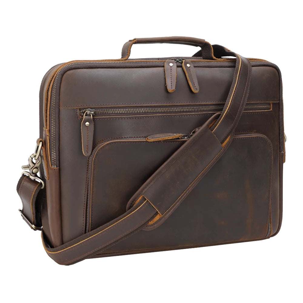 Men's Leather Laptop Briefcase with Dual Front Zip Pockets — three-quarter view with shoulder strap