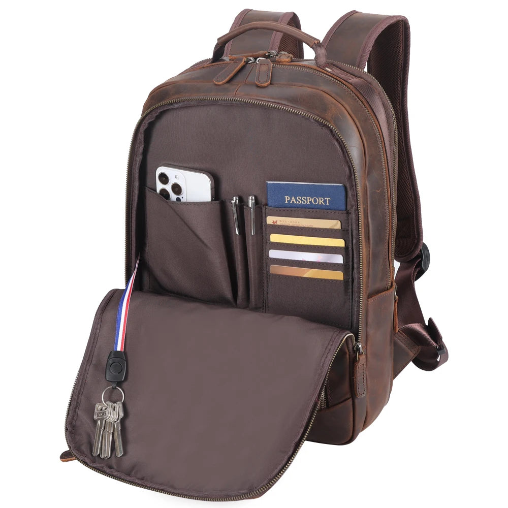 Leather Multi-Pocket Travel Backpack — open front organiser with phone, pens, passport, cards and keys