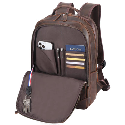Leather Multi-Pocket Travel Backpack — open front organiser with phone, pens, passport, cards and keys