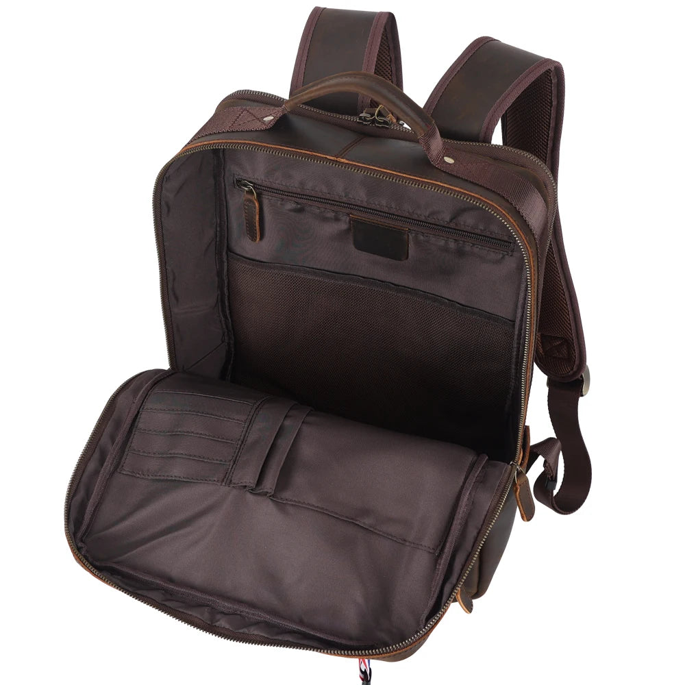 Vintage Leather Laptop Backpack — open main compartment, empty