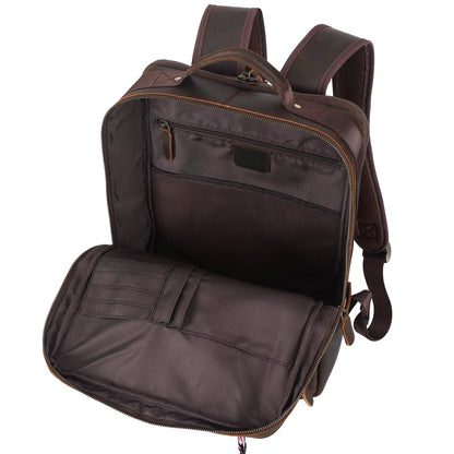 Vintage Leather Laptop Backpack — open main compartment, empty