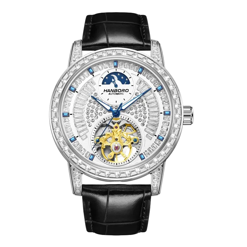 HANBORO 8037 - Automatic - white dial, black strap, open heart