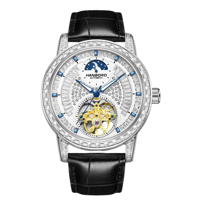 HANBORO 8037 - Automatic - white dial, black strap, open heart