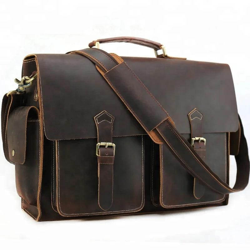 Structured Leather Business Briefcase — three-quarter view with shoulder strap