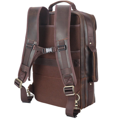 Vintage Leather Adventure Rucksack — back panel with shoulder straps and chest strap