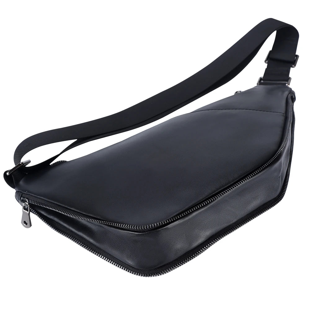 Men's Premium Matte Leather Sling Bag — angled view of the main zipper