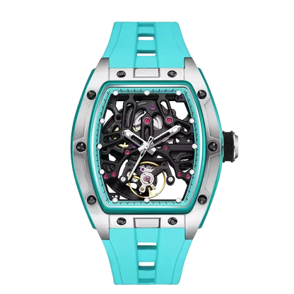 BREITVACHER 91981 - Autom - Front view, teal strap, skeleton dial