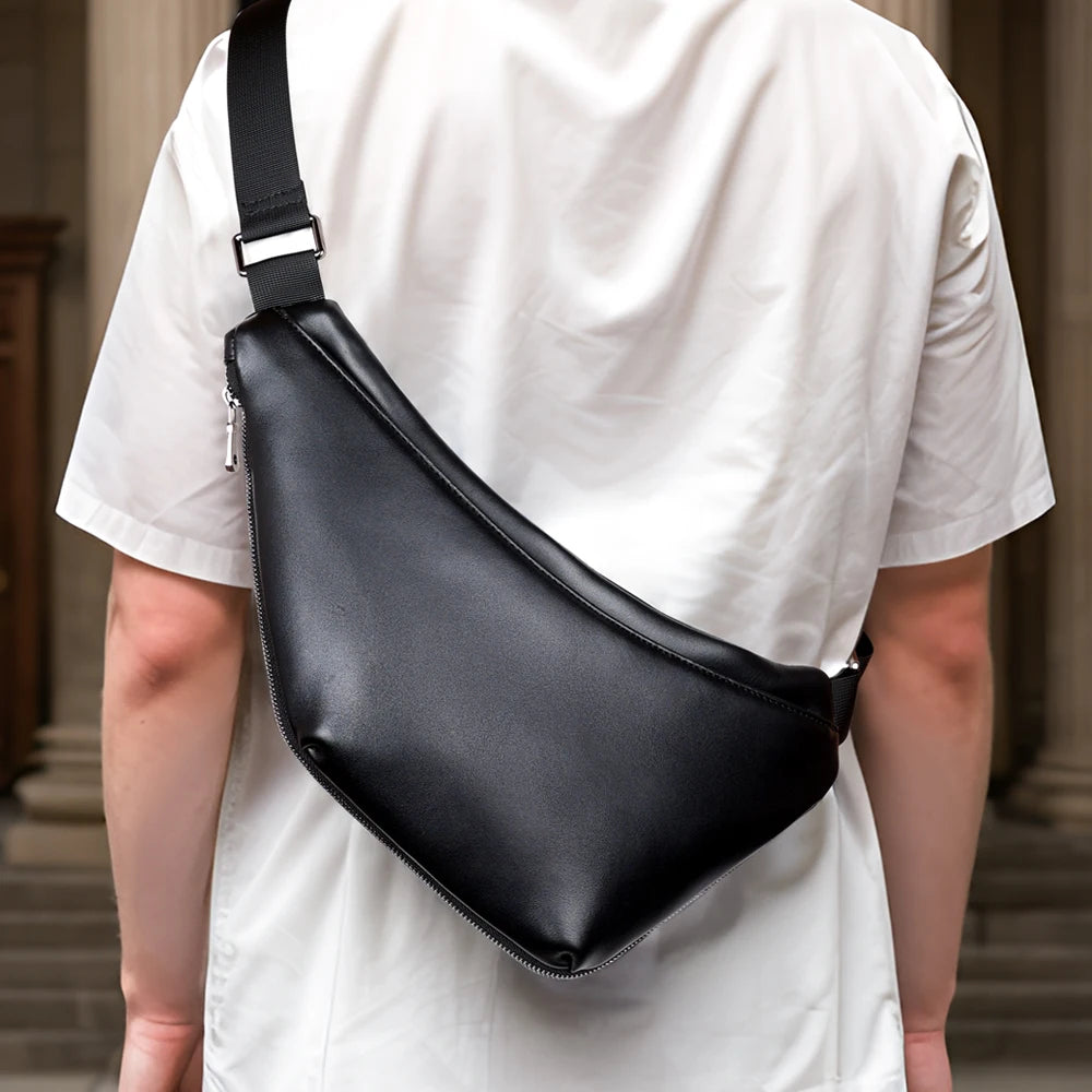 Men's Premium Matte Leather Sling Bag — rear view on a man in a white shirt