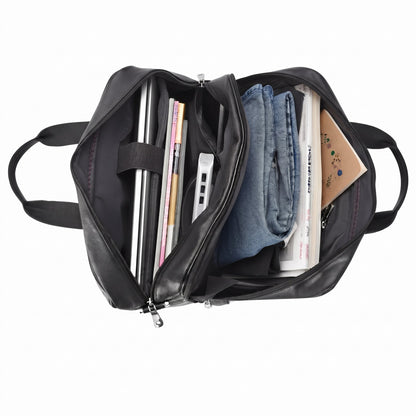 Men's Business Leather Briefcase Bag — open from above with laptop, folded jeans and papers inside