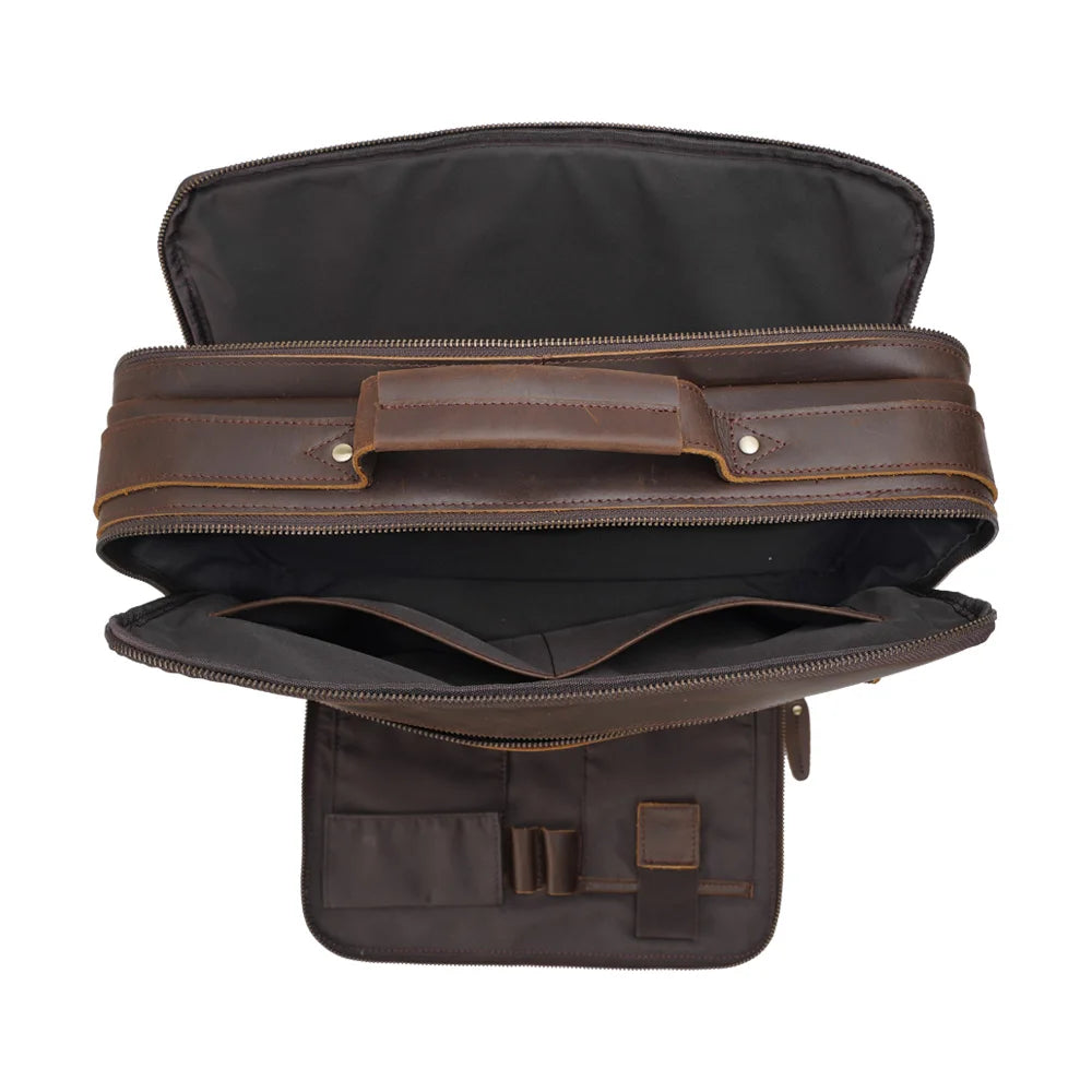 Men's Leather Laptop Briefcase with Dual Front Zip Pockets — opened out, empty compartments