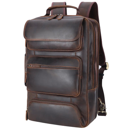 Vintage Leather Adventure Rucksack — three-quarter front view with side hardware