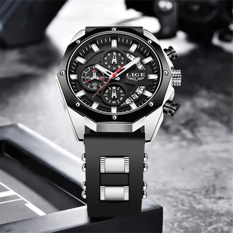 LIGE VOROS men’s chronograph watch with silver bezel and black silicone strap, photographed on a minimalist background to emphasize its modern design.