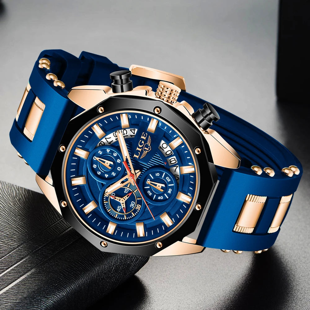 LIGE VOROS men’s quartz chronograph watch with blue dial, gold accents, and black bezel, featuring a silicone strap and multi-function subdials for a bold luxury look.