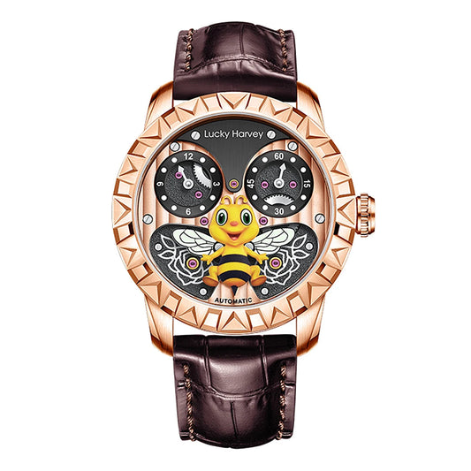 Lucky Harvey 3D Bee Men’s Automatic Mechanical Watch front view showing the 3D bee dial and sapphire crystal