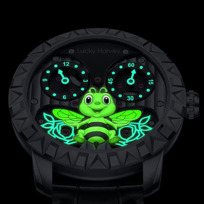 Luminous 3D bee glowing in the dark on Lucky Harvey Men’s Automatic Mechanical Watch