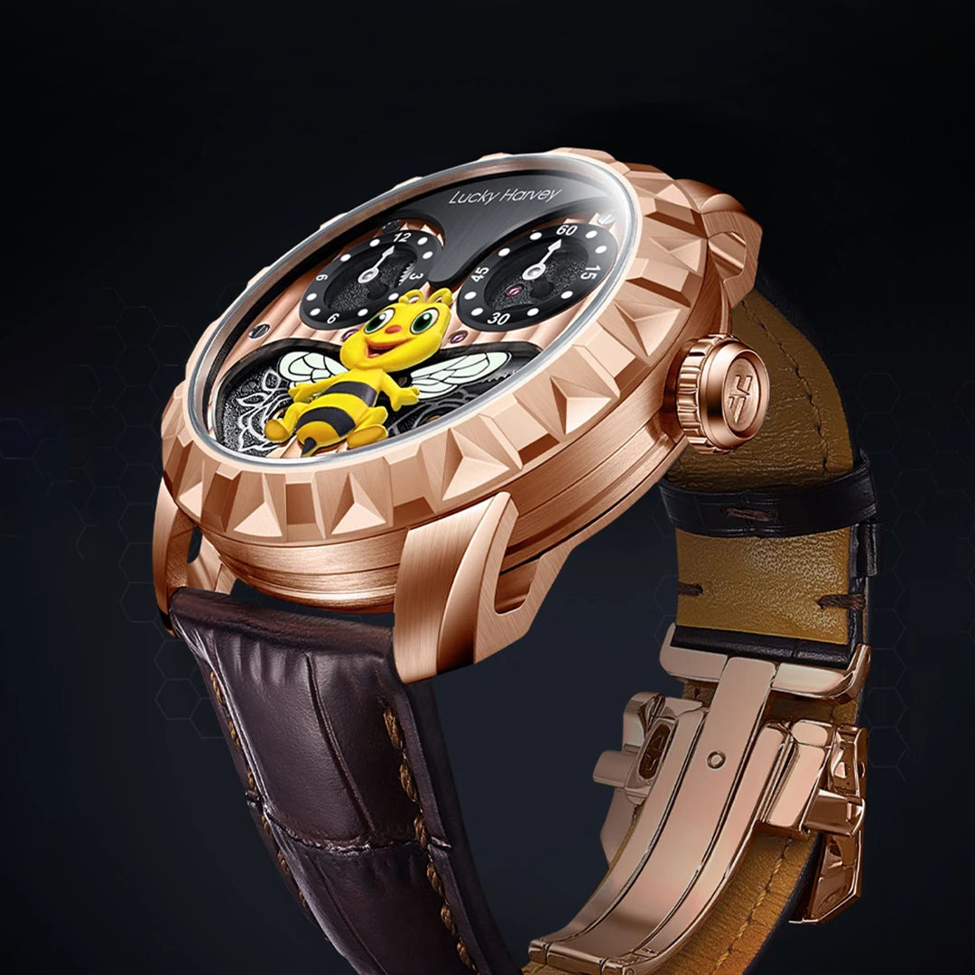 Close-up of rose gold variant of Lucky Harvey 3D Bee Men’s Automatic Mechanical Watch