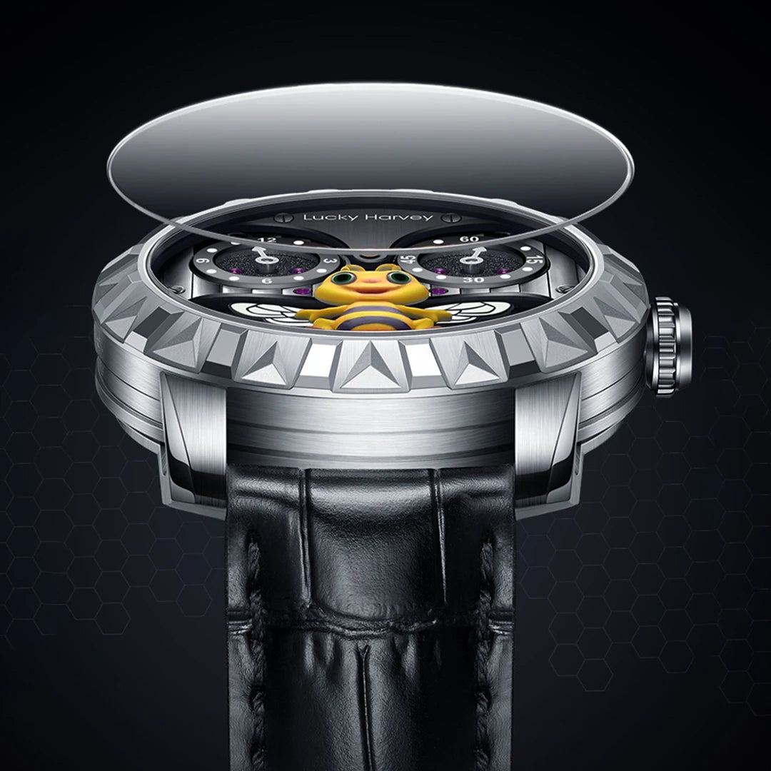 Sapphire crystal dome detail of Lucky Harvey 3D Bee Men’s Automatic Mechanical Watch