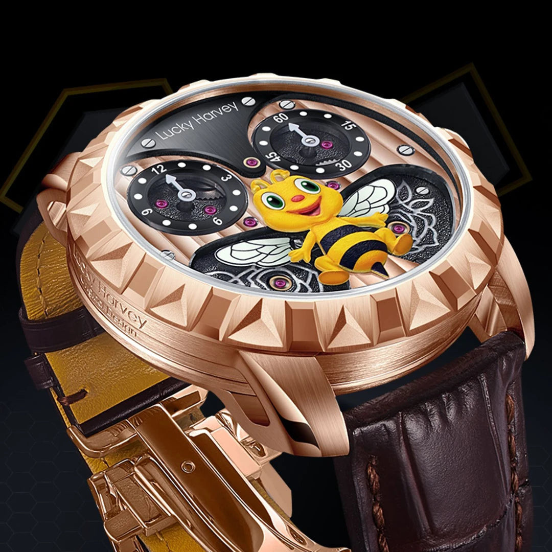 Side profile of Lucky Harvey 3D Bee showing the crown and case design