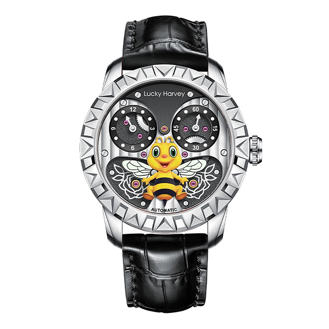 Lucky Harvey 3D Bee silver case version with black leather strap, Men’s Automatic Mechanical Watch