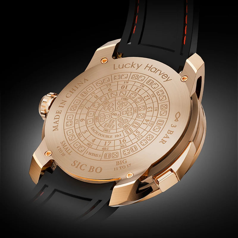 Engraved back of Lucky Harvey Dice Dial Automatic Mechanical Watch showing dice pattern