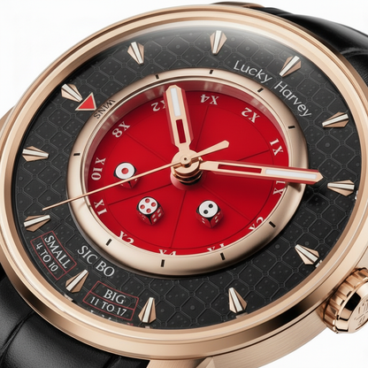 Lucky Harvey - Dice Dial - red dial, close up