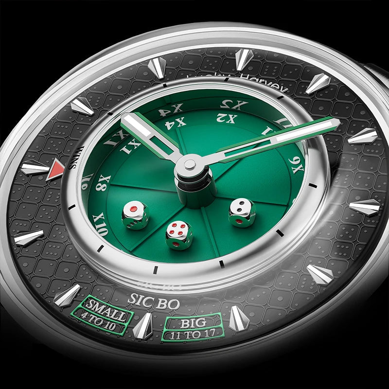 Luminous hands glowing in the dark on Lucky Harvey Dice Dial Automatic Mechanical Watch