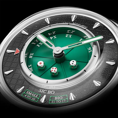 Luminous hands glowing in the dark on Lucky Harvey Dice Dial Automatic Mechanical Watch