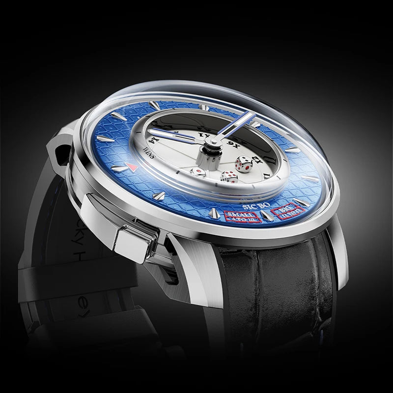 Lifestyle	Lifestyle wrist shot of Lucky Harvey Dice Dial Automatic Mechanical Watch blue version