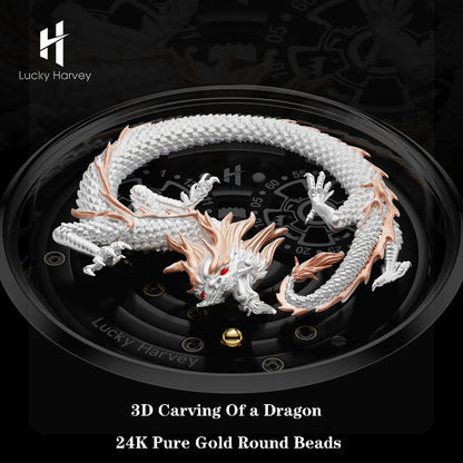 3D engraving of dragon on Lucky Harvey Automatic Mechanical Watch with gold accents