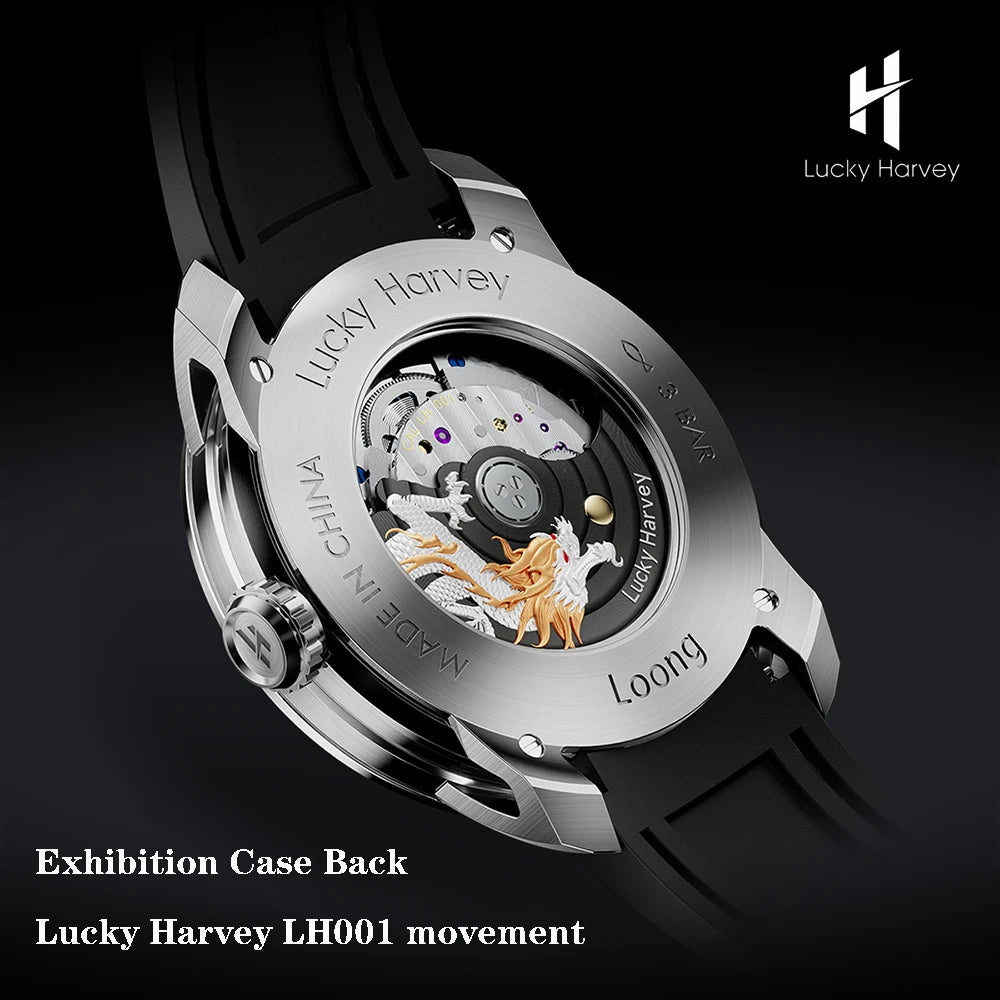 Exhibition case back of Lucky Harvey Dragon Automatic Mechanical Watch showing LH001 movement