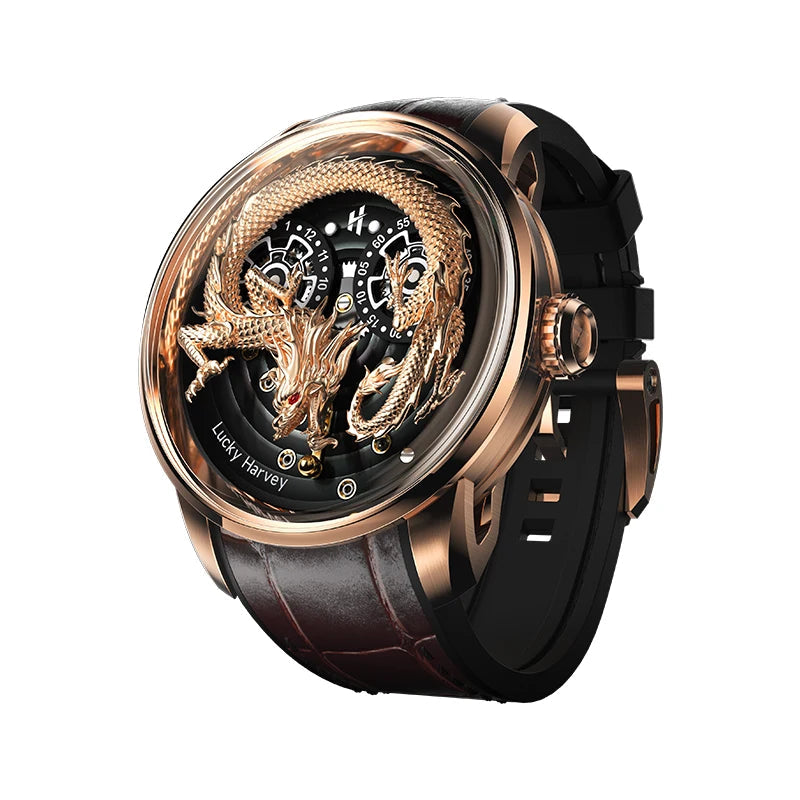 Lucky Harvey Dragon Automatic Mechanical Watch gold dragon version with brown strap