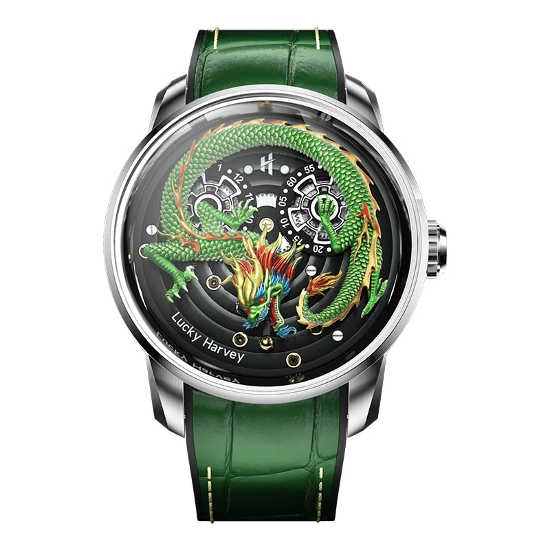 Lucky Harvey Dragon Automatic Mechanical Watch green dragon dial front view