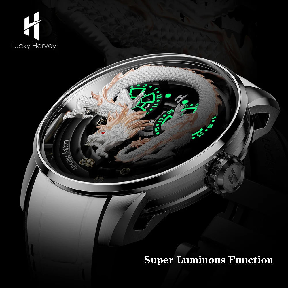 Luminous function of Lucky Harvey Dragon Automatic Mechanical Watch glowing in the dark