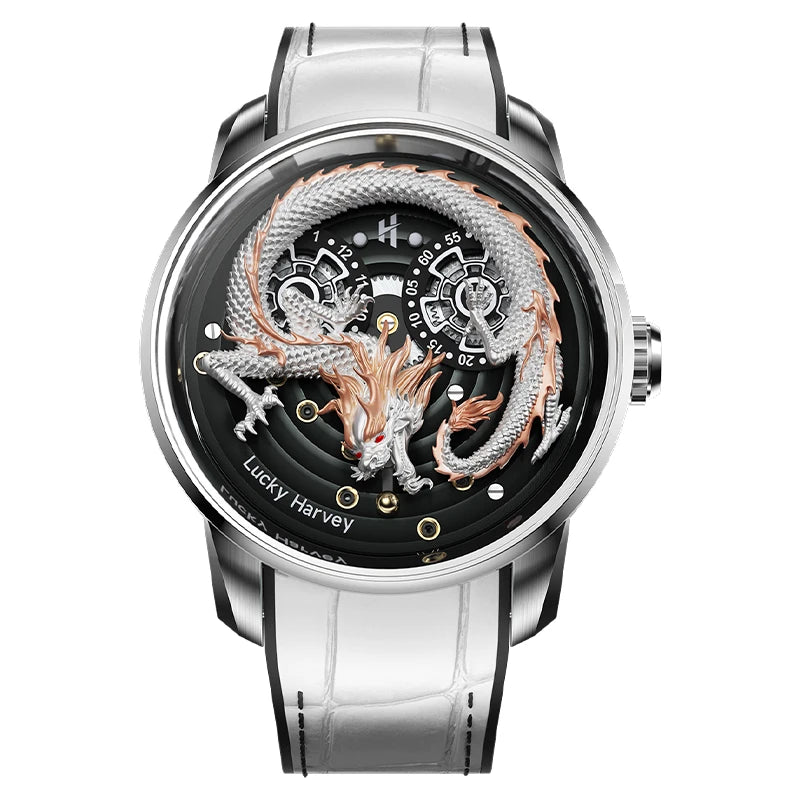 Lucky Harvey Dragon Automatic Mechanical Watch silver dragon dial with white strap