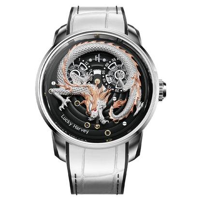 Lucky Harvey Dragon Automatic Mechanical Watch silver dragon dial with white strap