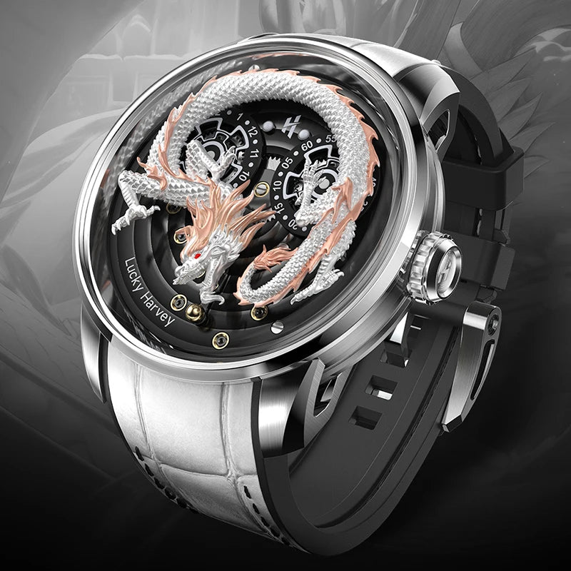 Side view of Lucky Harvey Dragon Automatic Mechanical Watch showing 3D dragon design