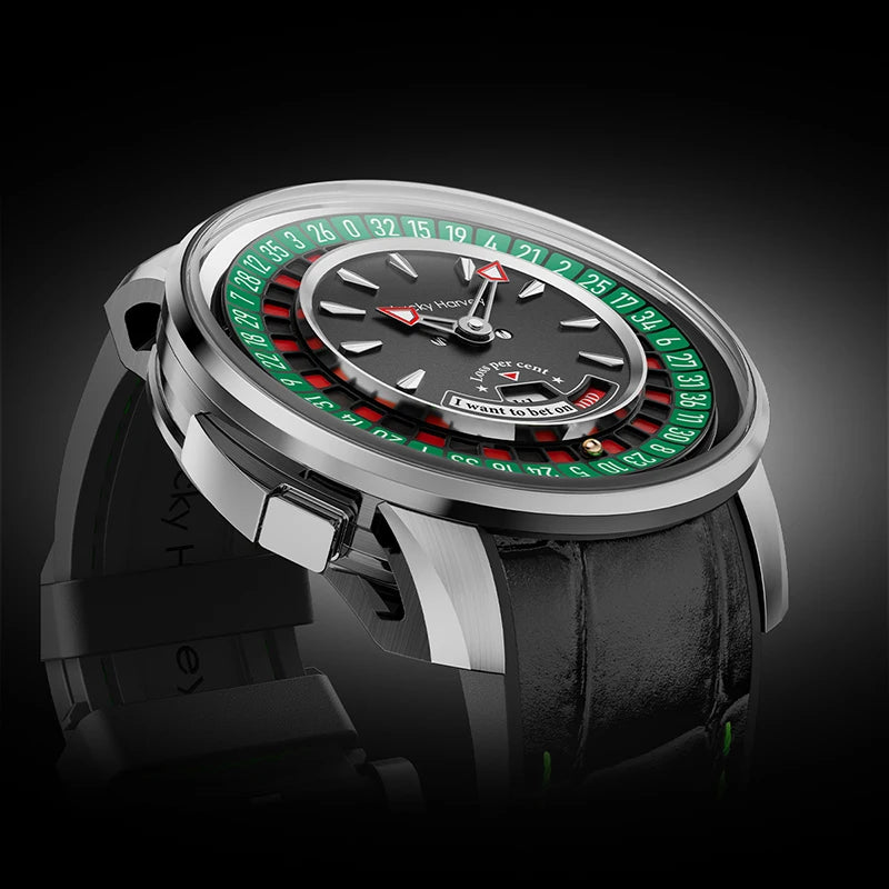 Side view showing Lucky Harvey European Roulette Watch case and sapphire crystal depth