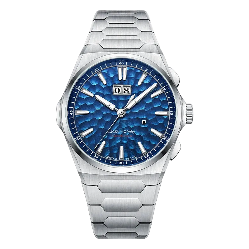 Lucky Harvey Hammered Dial Men’s Automatic Watch with blue hammered dial front view