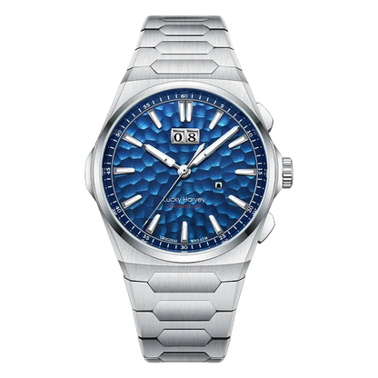 Lucky Harvey Hammered Dial Men’s Automatic Watch with blue hammered dial front view