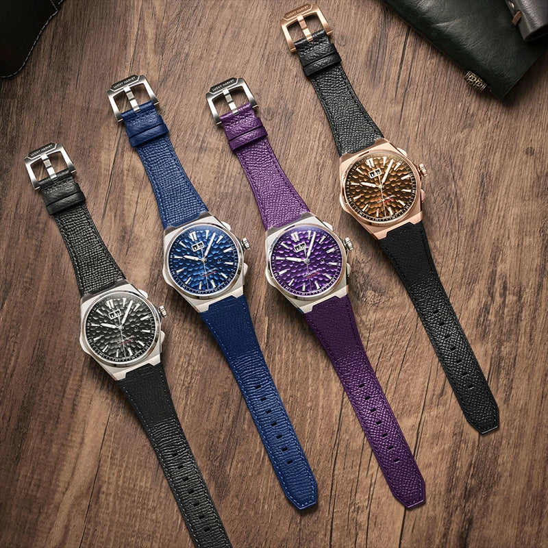 Flat lay of Lucky Harvey Hammered Dial Men’s Automatic Watches in all color variants
