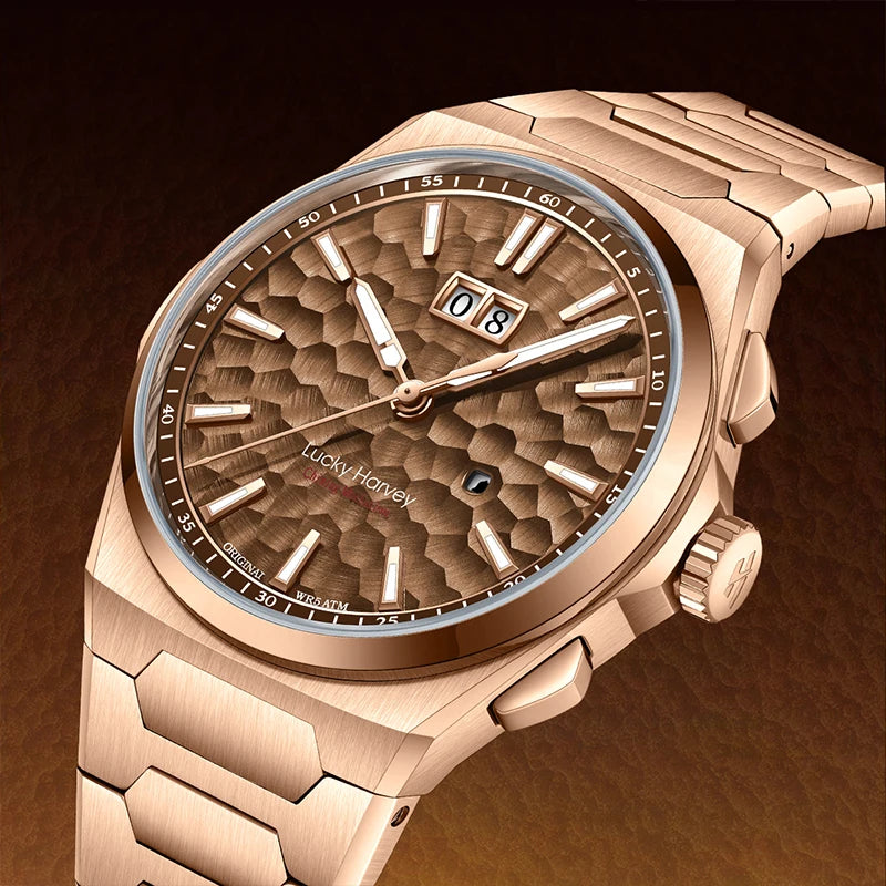 Macro view of gold version Lucky Harvey Hammered Dial highlighting hammered texture