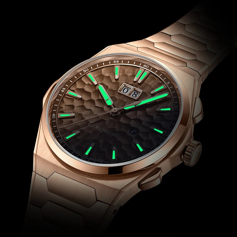 Luminous hands glowing in the dark on Lucky Harvey Hammered Dial Men’s Automatic Watch